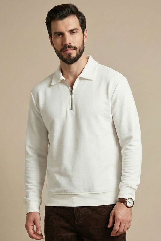 Sweat-shirt pour homme à col polo côtelé horizontal blanc