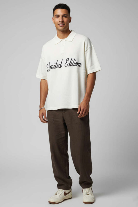 T-shirt tricot homme à col polo avec inscription, couleur ivoire