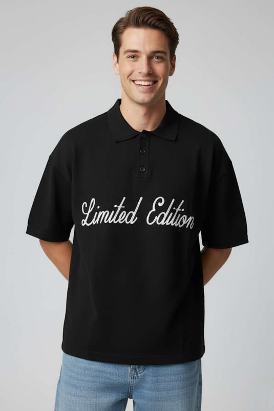 Polo-Kragen Herren Strick-T-Shirt mit Schriftzug Schwarz