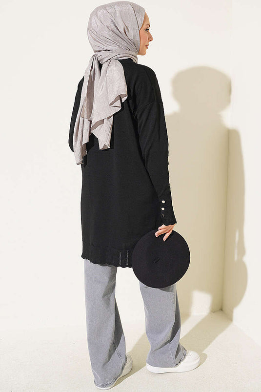 Schwarze Stricktunika Mit Rollkragen Aus Polyester