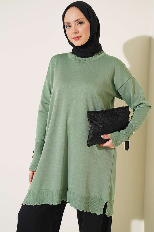 Groene Gebreide Tuniek Met Polyelit Kraagdetail
