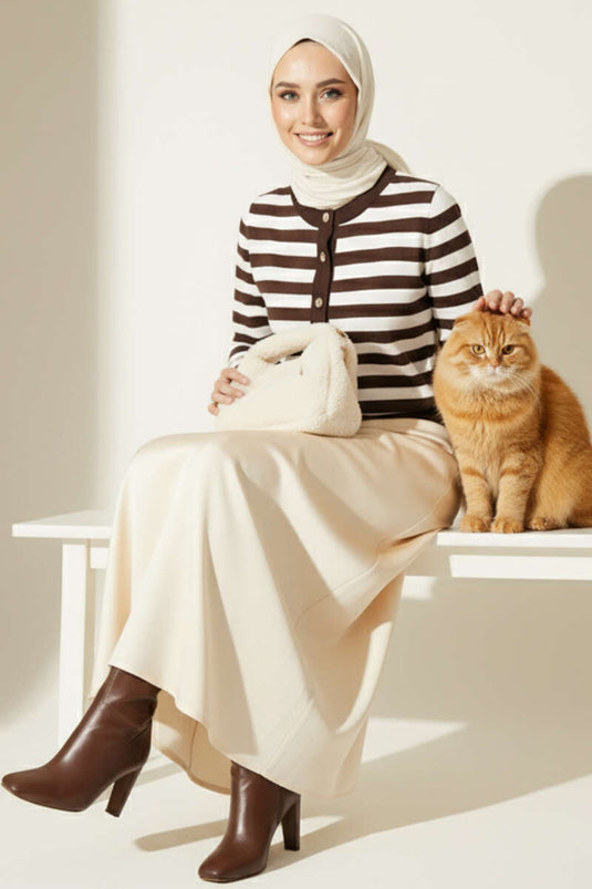 Polyamide Striped Knit Cardigan, Brown