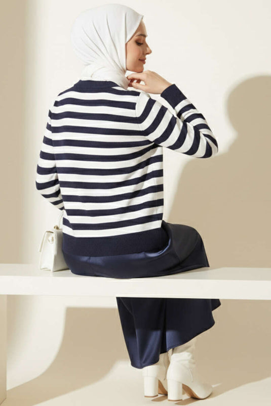 Polyamide Striped Knit Cardigan Navy Blue