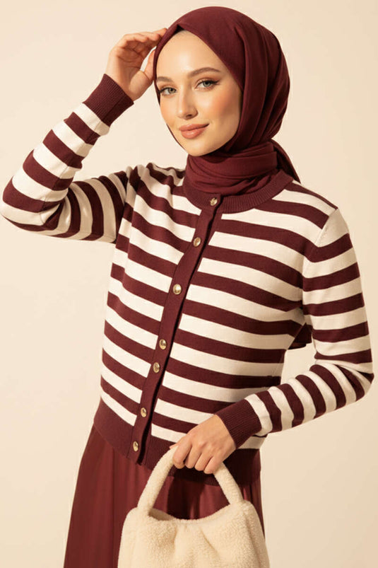 Polyemid Çizgili Triko Hırka Mürdüm