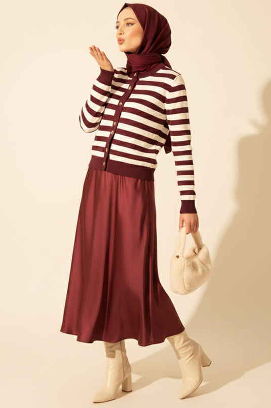 Polyemid Çizgili Triko Hırka Mürdüm