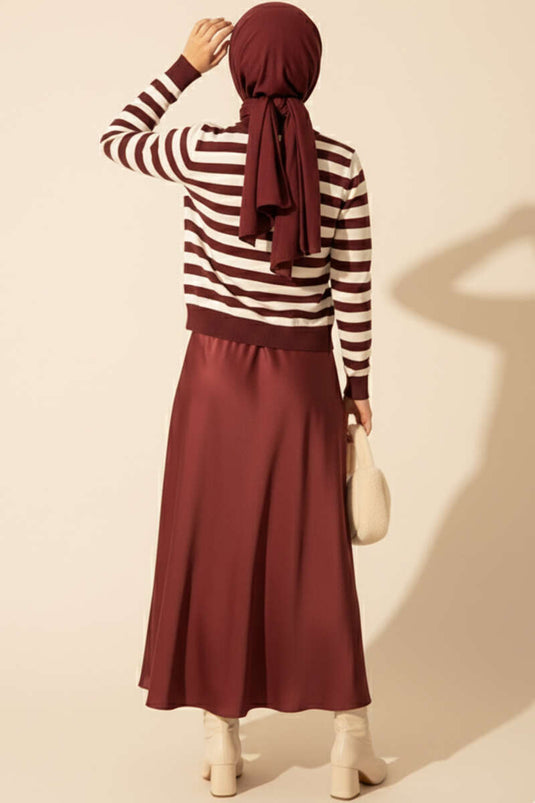 Polyemid Çizgili Triko Hırka Mürdüm