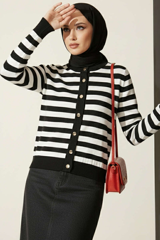 Polyamide Striped Knit Cardigan Black