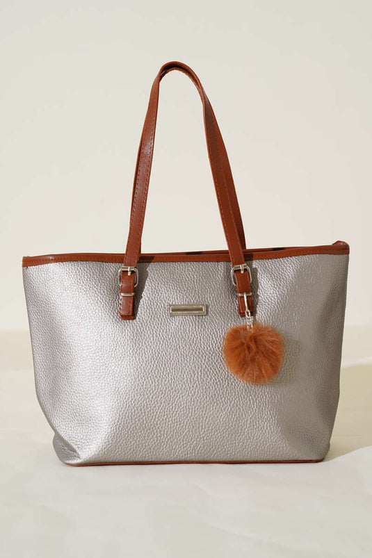 Silver Shoulder Bag with Pompom Accessory