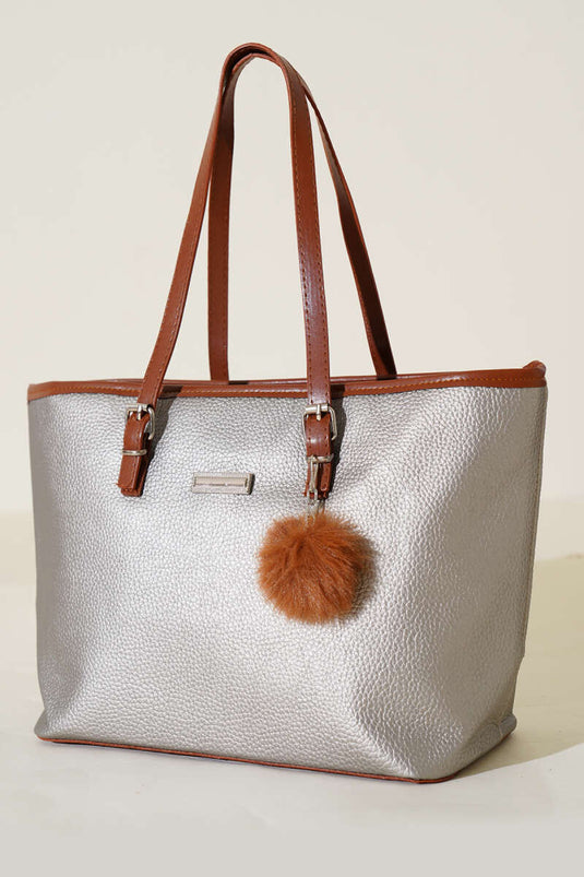 Silver Shoulder Bag with Pompom Accessory