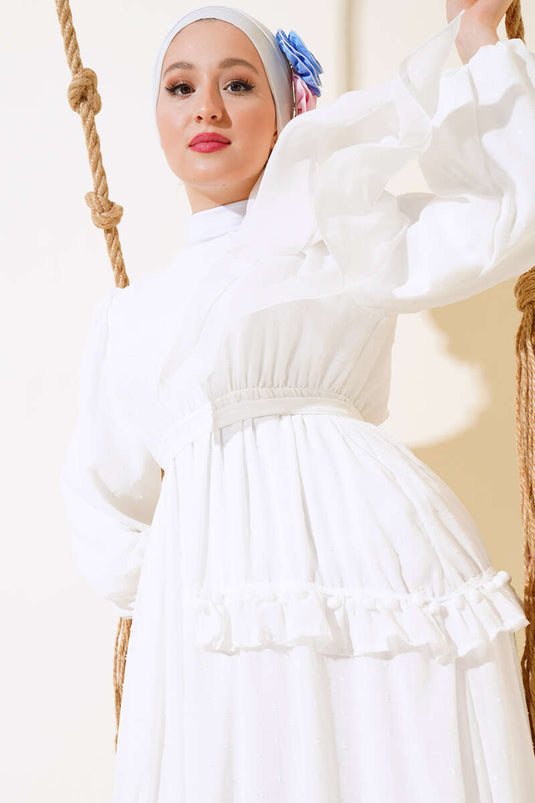 Kleid mit Pompom-Detail, Weiß