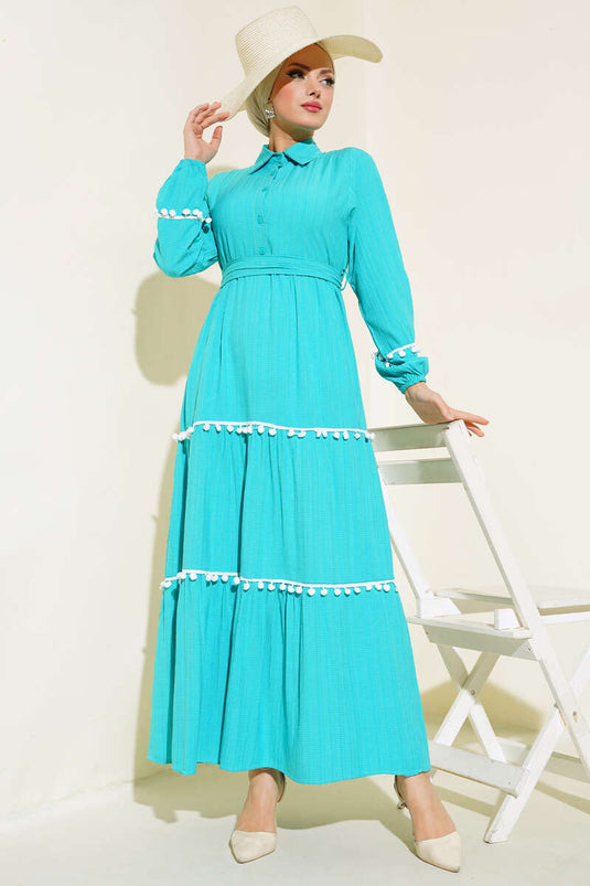 Ponponlu Kaş Elbise Mint