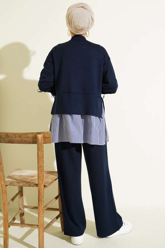 Ensemble double tunique en tissu à carreaux avec garniture, bleu marine