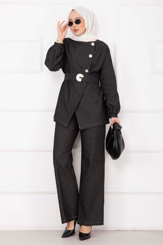 Completo Jeans Nero Premium Gold con Cintura e Bottoni