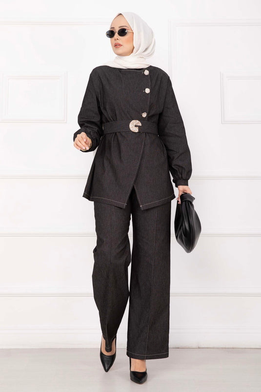 Completo Jeans Nero Premium Gold con Cintura e Bottoni
