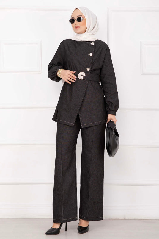 Completo Jeans Nero Premium Gold con Cintura e Bottoni