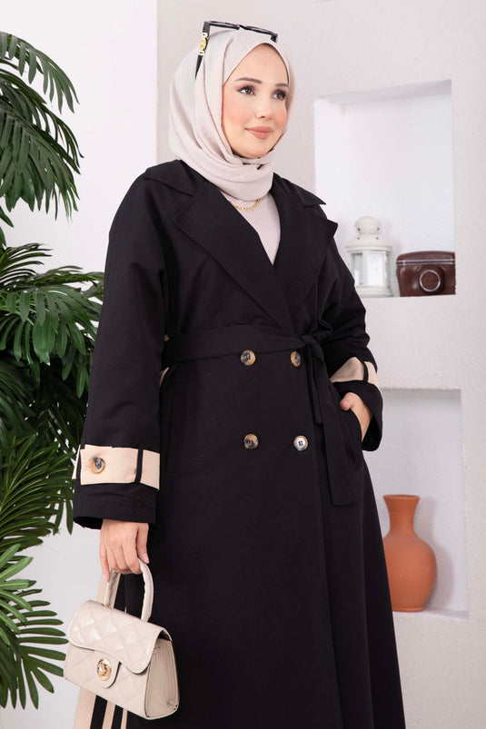 Premium Kruvaze Yaka Uzun Trençkot Siyah