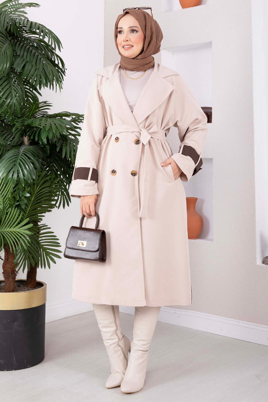 Premium Kruvaze Yaka Uzun Trençkot Taş