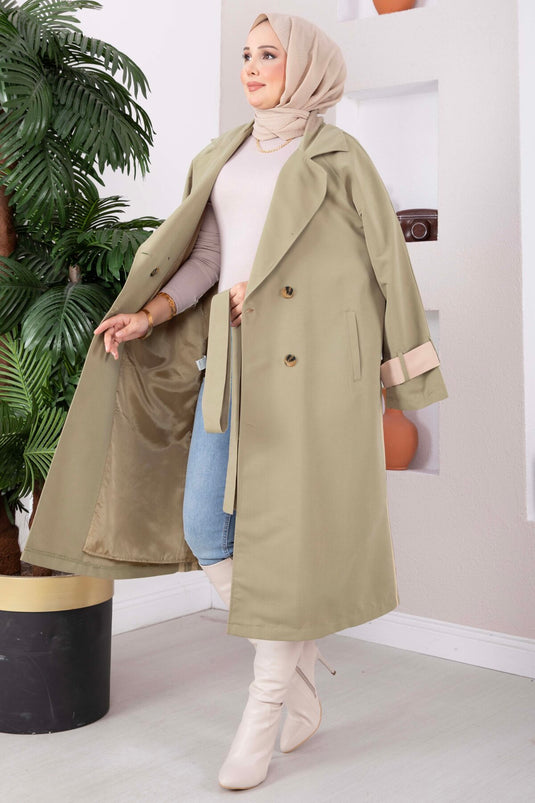 Premium Kruvaze Yaka Uzun Trençkot Yeşil Olive