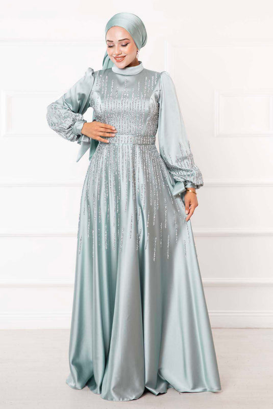 Robe de soirée hijab détaillée Princess Stone menthe