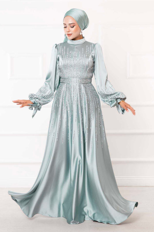 Robe de soirée hijab détaillée Princess Stone menthe