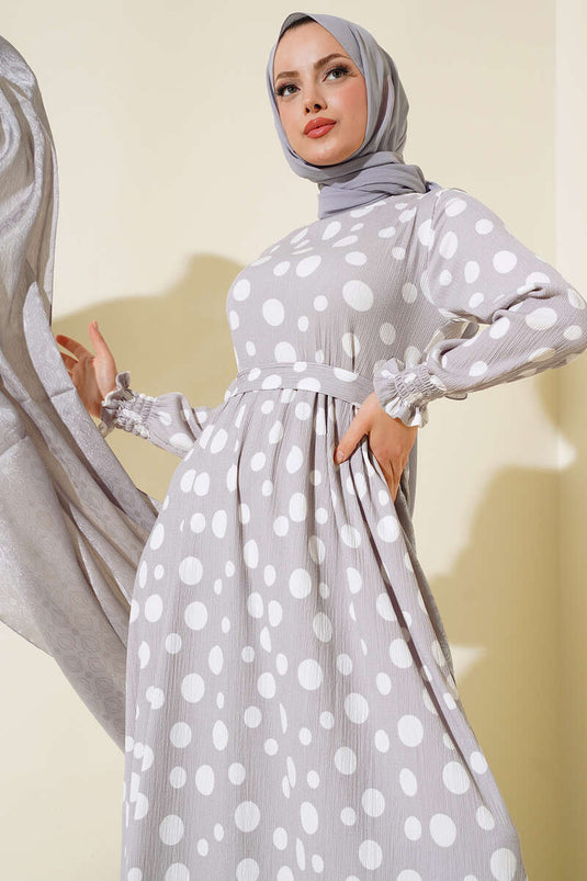 Robe Froissée à Motifs à Pois Gris