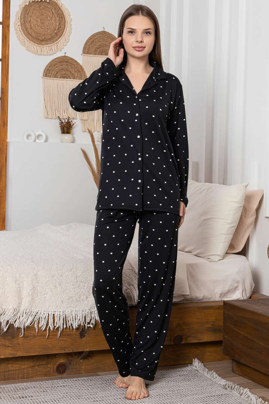 طقم بيجامة بأزرار بنقشة منقط باللونين الأسود والأبيض