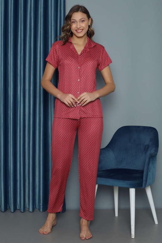 Puantiye Desenli Kısa Kol Kadın Pijama Takımı Gül Kurusu