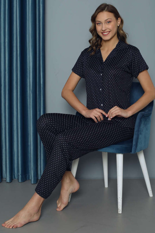 Puantiye Desenli Kısa Kol Kadın Pijama Takımı Lacivert