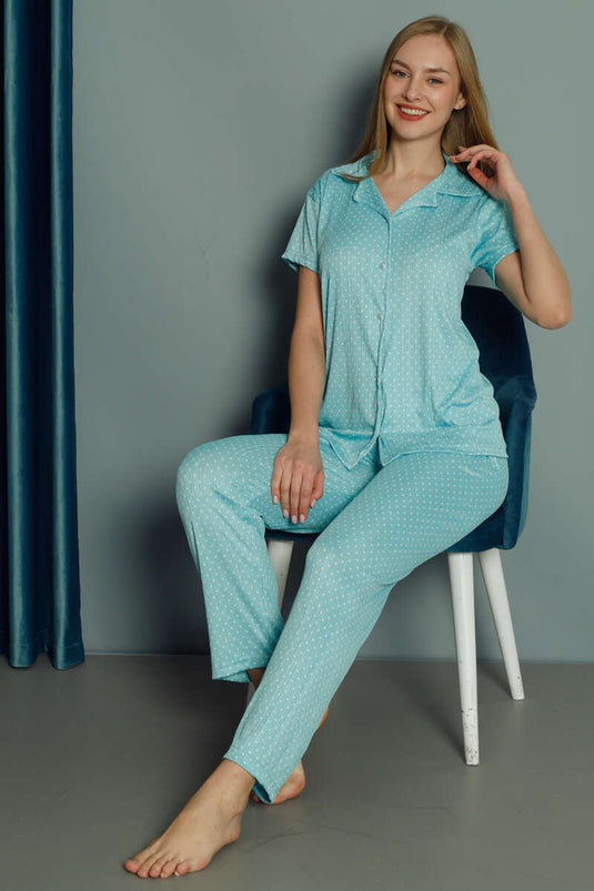 Türkisfarbener Damen-Pyjama mit Polka-Dot-Muster und kurzen Ärmeln