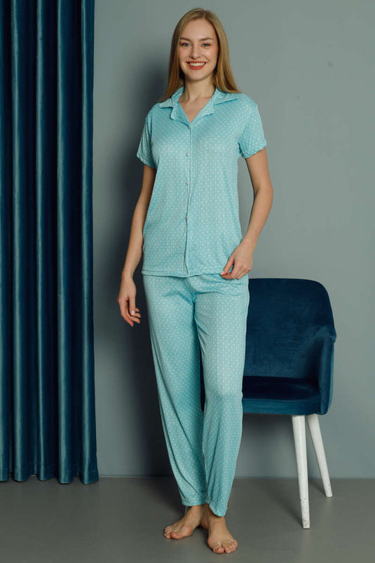 Türkisfarbener Damen-Pyjama mit Polka-Dot-Muster und kurzen Ärmeln