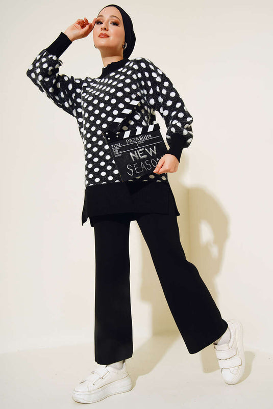 Black Bearded Knit Two-Piece Set with Polka Dot Pattern