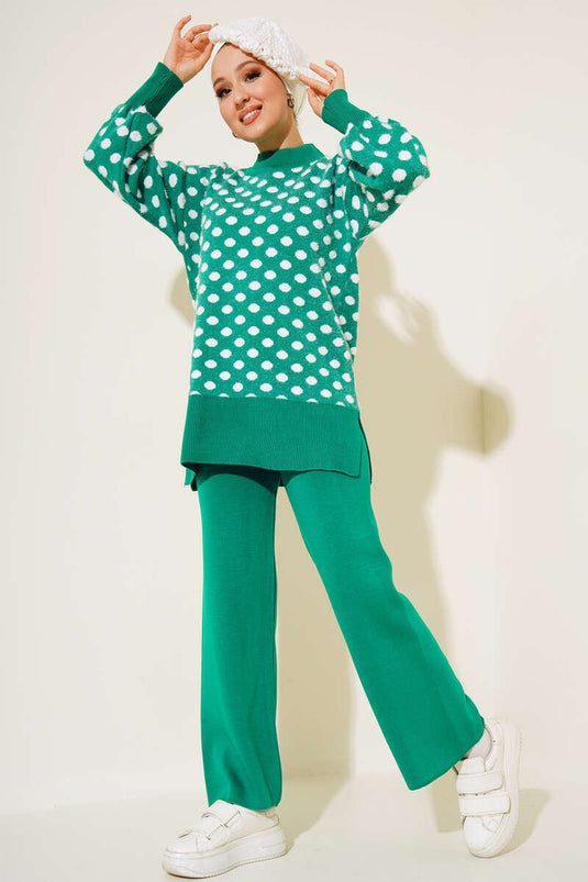 Ensemble double de tricots barbus à motifs à pois vert