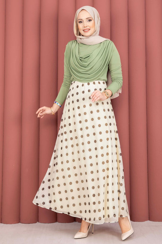 Polka Dot Patterned Chiffon Tulle Skirt Cream