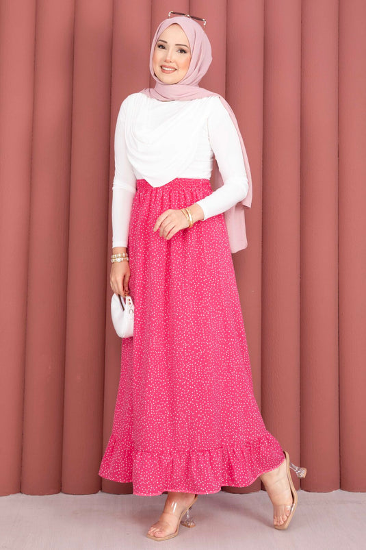 Puantiye Desenli Volanlı Etek Pembe