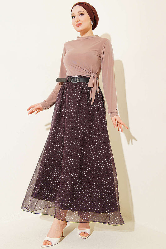 Polka Dot Elastic Waist Belted Skirt Dark Brown