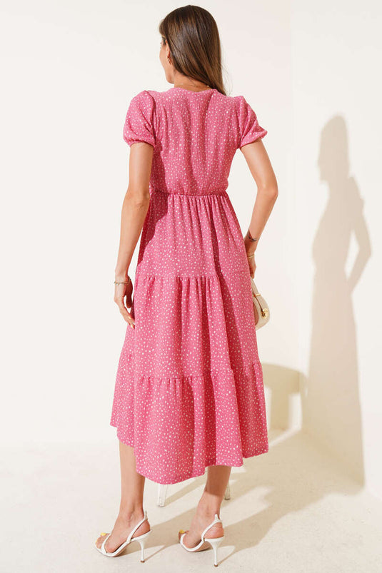 Polka Dot Elastic Waist V-Neck Midi Dress in Rose Pink