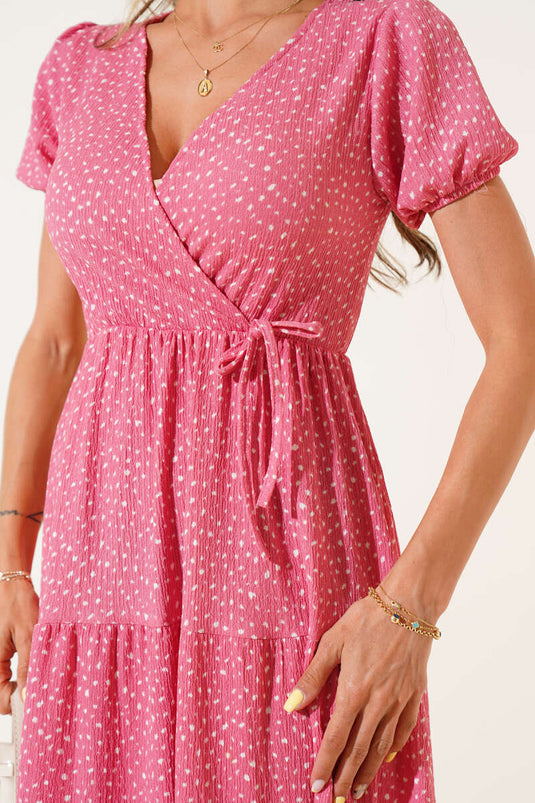 Polka Dot Elastic Waist V-Neck Midi Dress in Rose Pink
