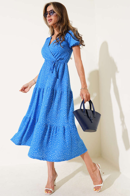 Polka Dot Elastic Waist V-Neck Midi Dress Blue