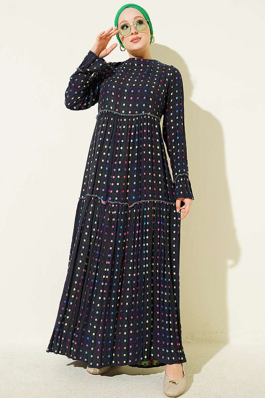 Marine Punkte-Kleid Mit Rundhalsausschnitt