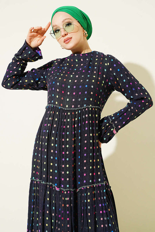 Marine Punkte-Kleid Mit Rundhalsausschnitt