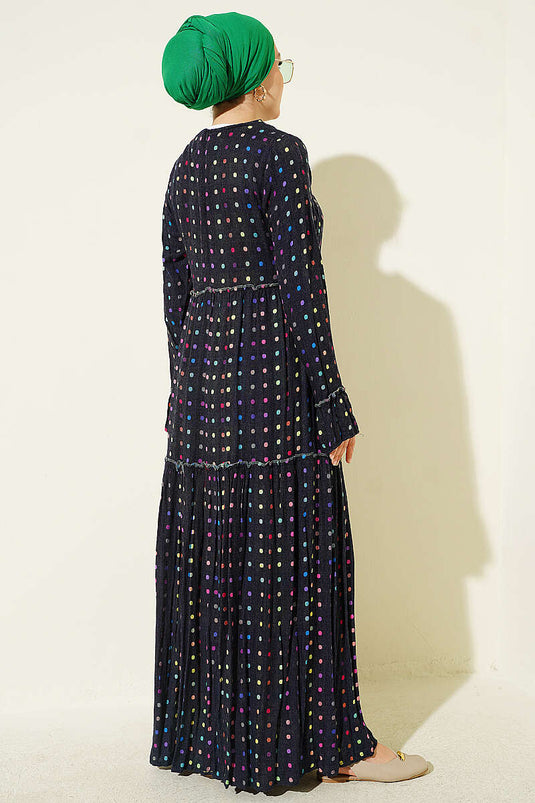Marine Punkte-Kleid Mit Rundhalsausschnitt