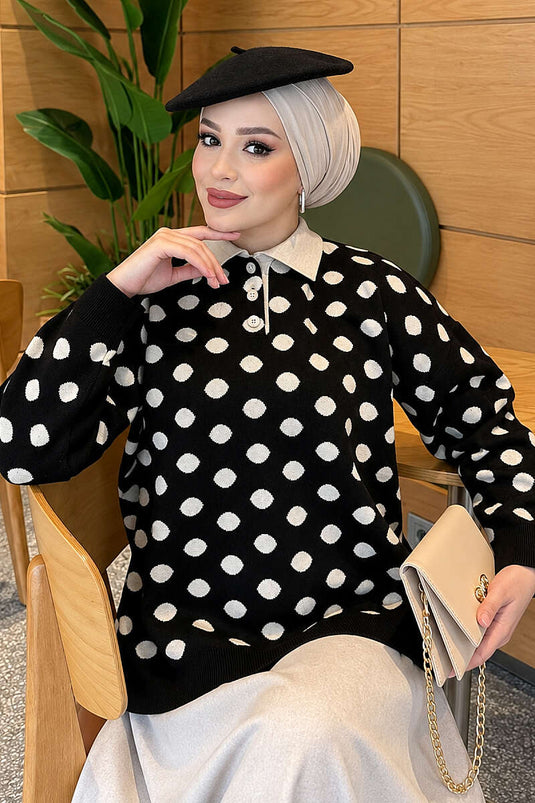 Schwarze Gemusterte Stricktunika Mit Knöpfen
