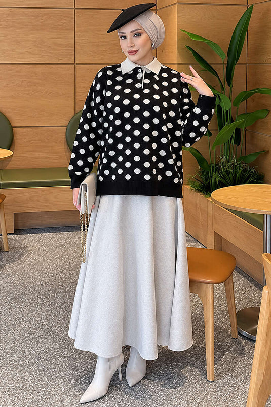 Schwarze Gemusterte Stricktunika Mit Knöpfen