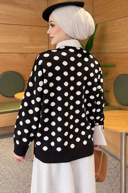 Schwarze Gemusterte Stricktunika Mit Knöpfen