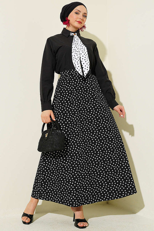 Ensemble deux pièces jupe à pois avec foulard noir