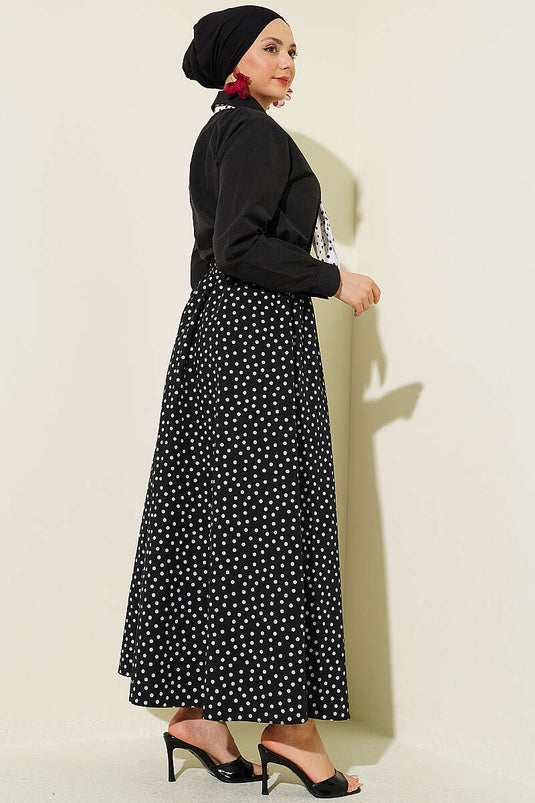 Ensemble deux pièces jupe à pois avec foulard noir
