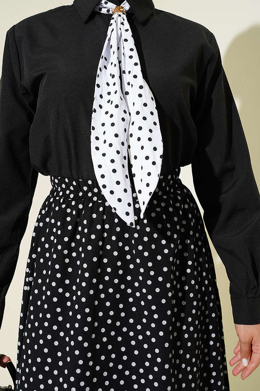 Ensemble deux pièces jupe à pois avec foulard noir