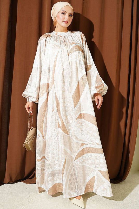 Robe En Satin Jacquard À Pois Beige