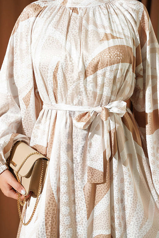 Robe En Satin Jacquard À Pois Beige