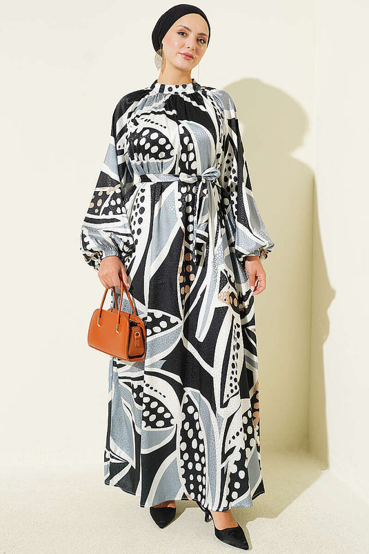 Schwarzes Jacquard-Satin-Kleid Mit Punkten